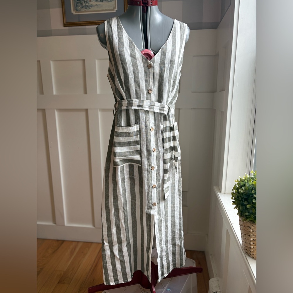 Italian Piazza Sempione  Green and White Striped Linen Button-Front Dress XS